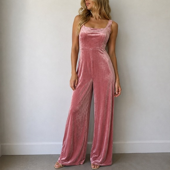 Lulus Pants - Lulus Splendidly Stunning Dusty Rose Velvet Lace Up Wide Leg Jumpsuit XS
